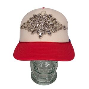 Cobra Rhinestone Embellished Trucker Hat Red White Blue Mesh Snapback Cap